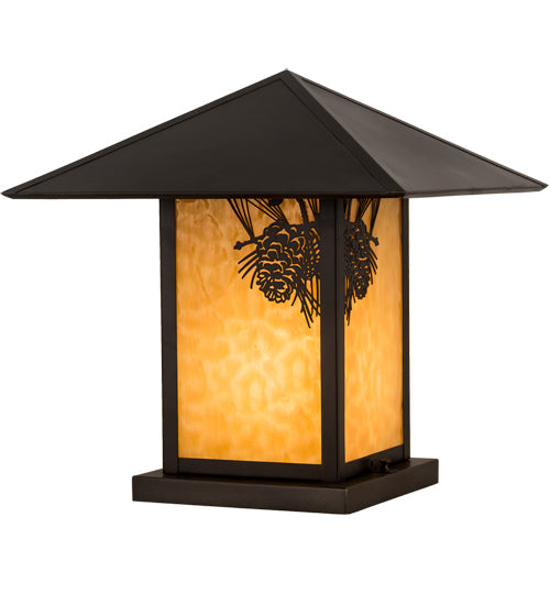 Meyda Lighting Seneca 24" Craftsman Brown Winter Pine Outdoor Pier Mount Light With Beige Art Shade Glass