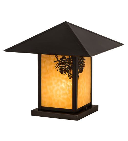 Meyda Lighting Seneca 24" Craftsman Brown Winter Pine Outdoor Pier Mount Light With Beige Art Shade Glass