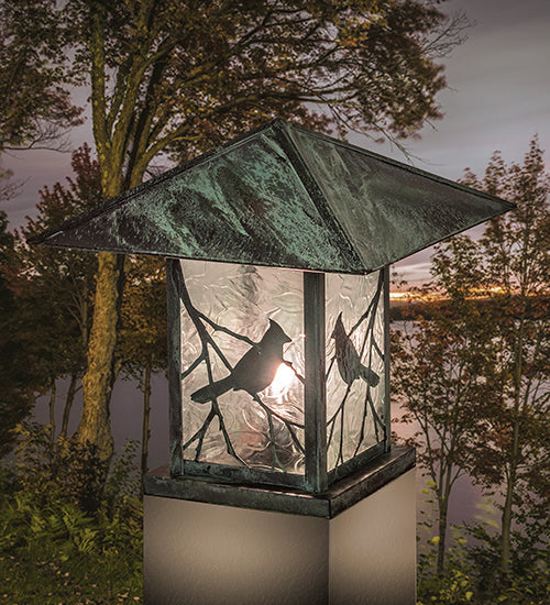 Meyda Lighting Seneca 25" Verdigris Song Bird Outdoor Pier Mount Light With Clear Raindrop Shade Glass