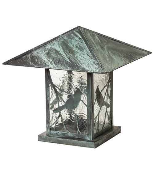 Meyda Lighting Seneca 25" Verdigris Song Bird Outdoor Pier Mount Light With Clear Raindrop Shade Glass