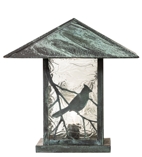 Meyda Lighting Seneca 25" Verdigris Song Bird Outdoor Pier Mount Light With Clear Raindrop Shade Glass