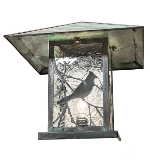 Meyda Lighting Seneca 25" Verdigris Song Bird Outdoor Pier Mount Light With Clear Raindrop Shade Glass