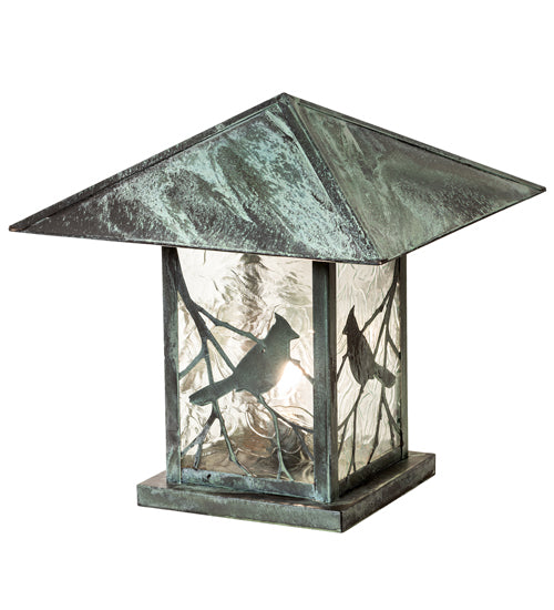 Meyda Lighting Seneca 25" Verdigris Song Bird Outdoor Pier Mount Light With Clear Raindrop Shade Glass