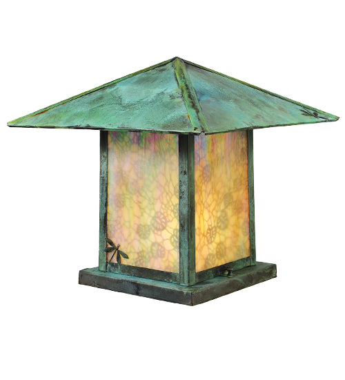 Meyda Lighting Seneca 26" 2-Light Verdigris Lotus Leaf & Dragonfly Outdoor Pier Mount Light With Beige Iridescent Shade Glass