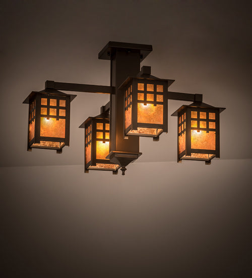 Meyda Lighting Seneca 26" 4-Light Bronze Window Pane Chandelier With Amber Mica Shade Glass