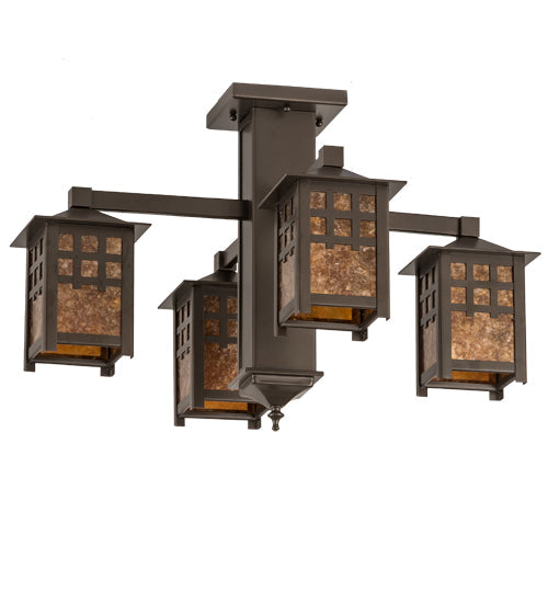 Meyda Lighting Seneca 26" 4-Light Bronze Window Pane Chandelier With Amber Mica Shade Glass