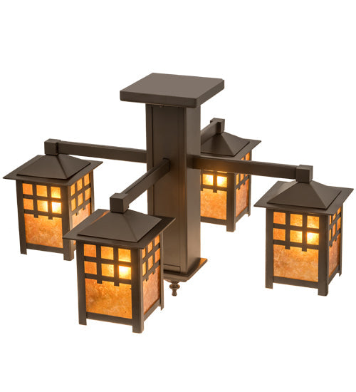 Meyda Lighting Seneca 26" 4-Light Bronze Window Pane Chandelier With Amber Mica Shade Glass