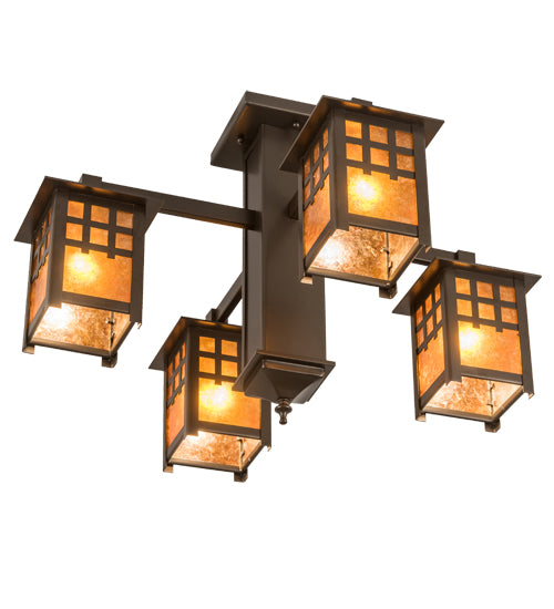 Meyda Lighting Seneca 26" 4-Light Bronze Window Pane Chandelier With Amber Mica Shade Glass