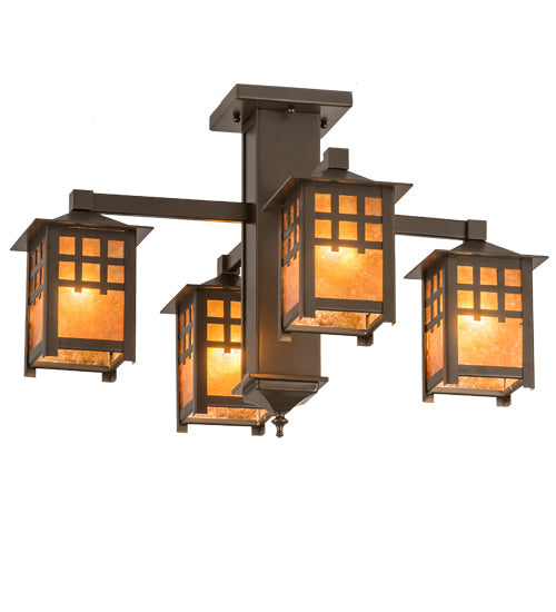 Meyda Lighting Seneca 26" 4-Light Bronze Window Pane Chandelier With Amber Mica Shade Glass
