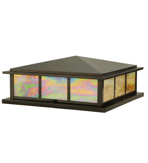 Meyda Lighting Seneca 29" 4-Light Craftsman Brown Double Bar Mission Pier Mount Light With Beige Iridescent Art Shade Glass