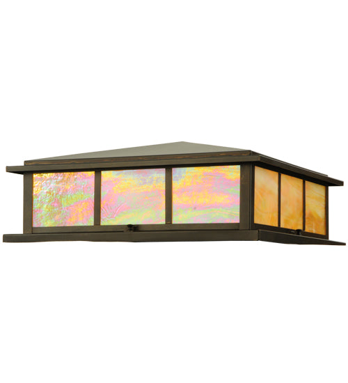 Meyda Lighting Seneca 29" 4-Light Craftsman Brown Double Bar Mission Pier Mount Light With Beige Iridescent Art Shade Glass