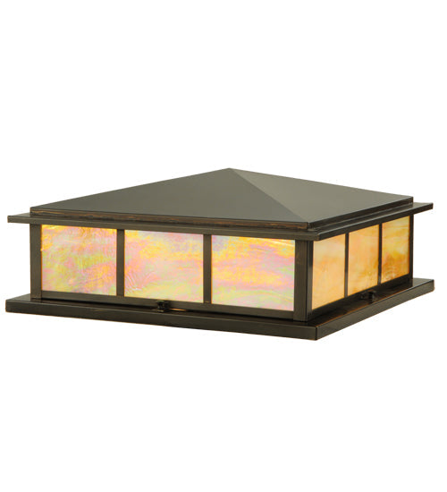 Meyda Lighting Seneca 29" 4-Light Craftsman Brown Double Bar Mission Pier Mount Light With Beige Iridescent Art Shade Glass