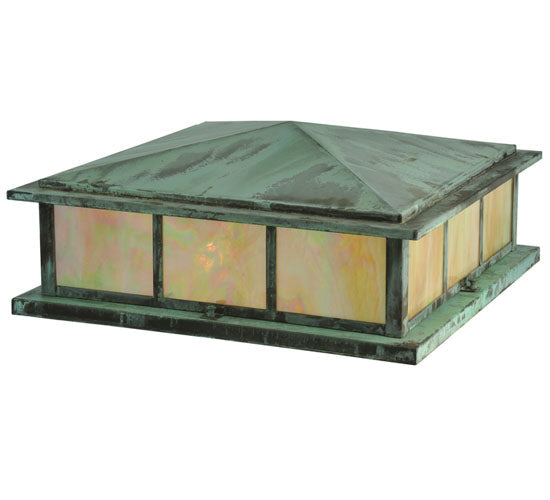 Meyda Lighting Seneca 29" Verdigris Double Bar Mission Outdoor Pier Mount Light With Iridescent Shade Glass