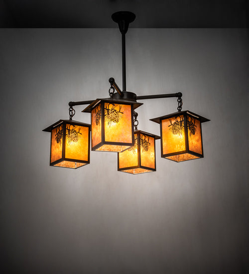 Meyda Lighting Seneca 32" 4-Light Craftsman Brown Winter Pine Chandelier With Amber Mica Shade Glass