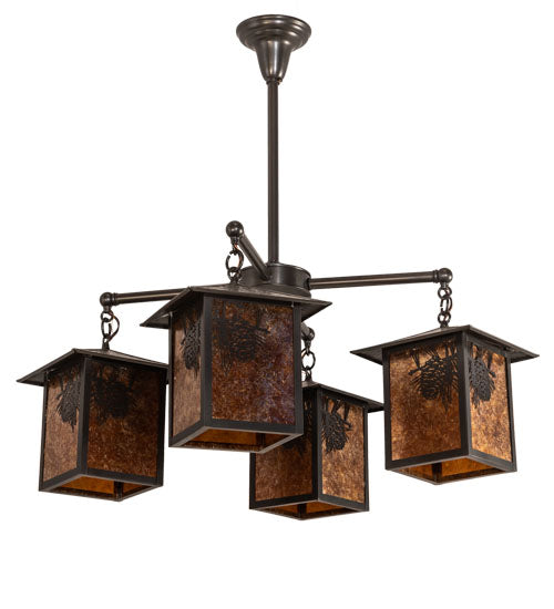 Meyda Lighting Seneca 32" 4-Light Craftsman Brown Winter Pine Chandelier With Amber Mica Shade Glass