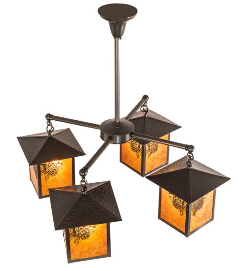 Meyda Lighting Seneca 32" 4-Light Craftsman Brown Winter Pine Chandelier With Amber Mica Shade Glass