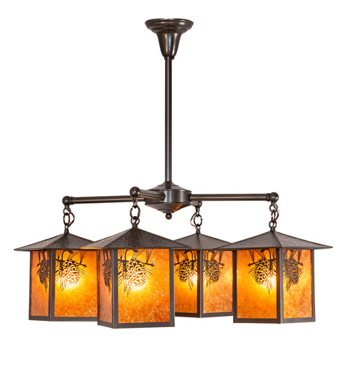 Meyda Lighting Seneca 32" 4-Light Craftsman Brown Winter Pine Chandelier With Amber Mica Shade Glass