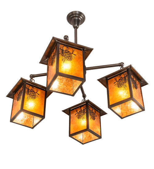 Meyda Lighting Seneca 32" 4-Light Craftsman Brown Winter Pine Chandelier With Amber Mica Shade Glass