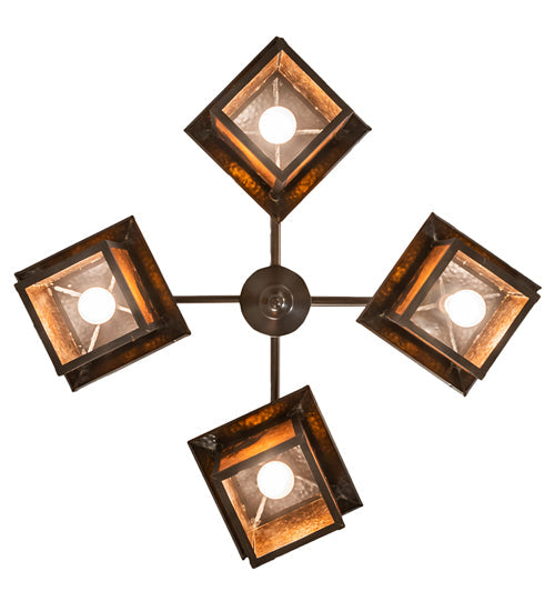 Meyda Lighting Seneca 32" 4-Light Craftsman Brown Winter Pine Chandelier With Amber Mica Shade Glass