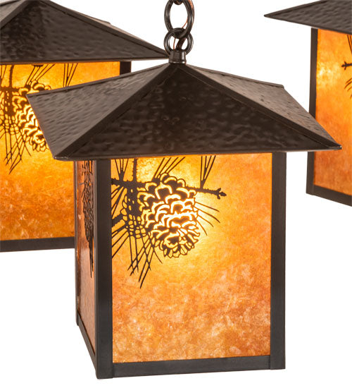 Meyda Lighting Seneca 32" 4-Light Craftsman Brown Winter Pine Chandelier With Amber Mica Shade Glass