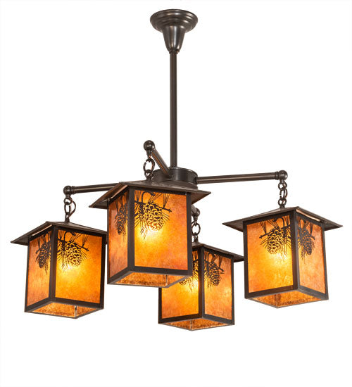 Meyda Lighting Seneca 32" 4-Light Craftsman Brown Winter Pine Chandelier With Amber Mica Shade Glass