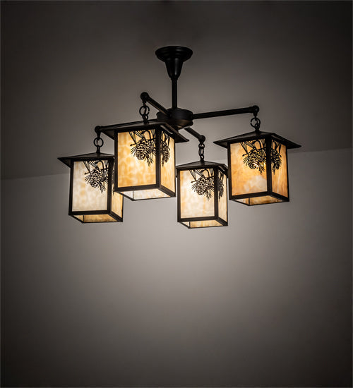 Meyda Lighting Seneca 32" 4-Light Craftsman Brown Winter Pine Chandelier With Beige Shade Glass