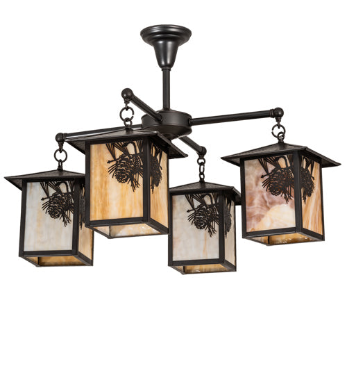Meyda Lighting Seneca 32" 4-Light Craftsman Brown Winter Pine Chandelier With Beige Shade Glass