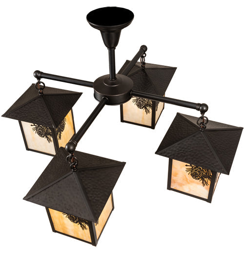 Meyda Lighting Seneca 32" 4-Light Craftsman Brown Winter Pine Chandelier With Beige Shade Glass