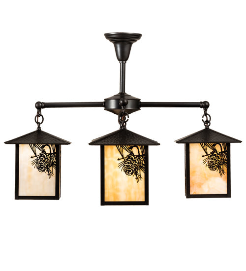 Meyda Lighting Seneca 32" 4-Light Craftsman Brown Winter Pine Chandelier With Beige Shade Glass