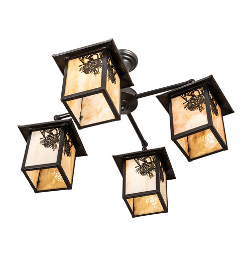 Meyda Lighting Seneca 32" 4-Light Craftsman Brown Winter Pine Chandelier With Beige Shade Glass