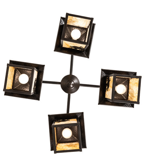 Meyda Lighting Seneca 32" 4-Light Craftsman Brown Winter Pine Chandelier With Beige Shade Glass