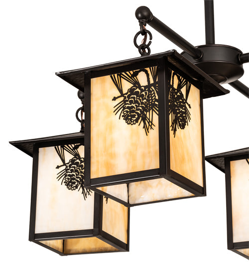 Meyda Lighting Seneca 32" 4-Light Craftsman Brown Winter Pine Chandelier With Beige Shade Glass