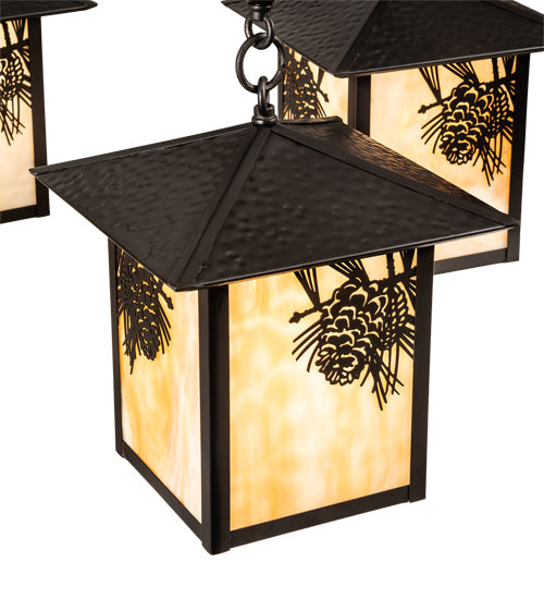 Meyda Lighting Seneca 32" 4-Light Craftsman Brown Winter Pine Chandelier With Beige Shade Glass