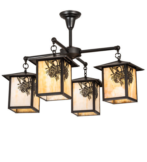 Meyda Lighting Seneca 32" 4-Light Craftsman Brown Winter Pine Chandelier With Beige Shade Glass
