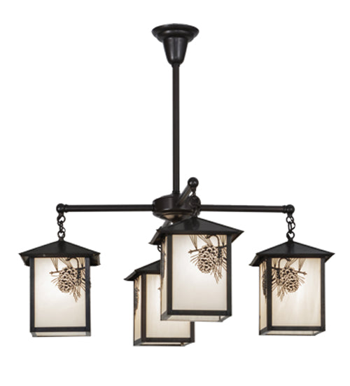 Meyda Lighting Seneca 32" 4-Light Craftsman Brown Winter Pine Chandelier With White Opalescent Shade Glass