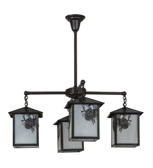 Meyda Lighting Seneca 32" 4-Light Craftsman Brown Winter Pine Chandelier With White Opalescent Shade Glass