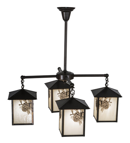 Meyda Lighting Seneca 32" 4-Light Craftsman Brown Winter Pine Chandelier With White Opalescent Shade Glass
