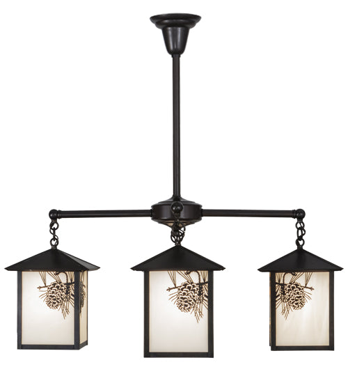 Meyda Lighting Seneca 32" 4-Light Craftsman Brown Winter Pine Chandelier With White Opalescent Shade Glass