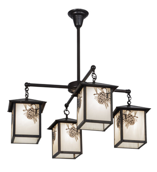 Meyda Lighting Seneca 32" 4-Light Craftsman Brown Winter Pine Chandelier With White Opalescent Shade Glass