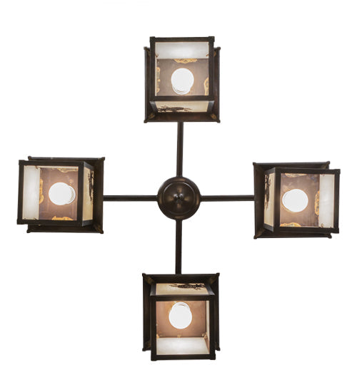 Meyda Lighting Seneca 32" 4-Light Craftsman Brown Winter Pine Chandelier With White Opalescent Shade Glass