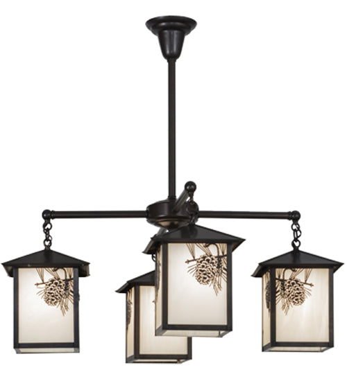 Meyda Lighting Seneca 32" 4-Light Craftsman Brown Winter Pine Chandelier With White Opalescent Shade Glass