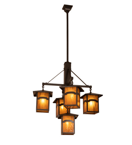 Meyda Lighting Seneca 32" 5-Light Craftsman Brown On Brass Mountain View Chandelier With Honey Art Shade Glass