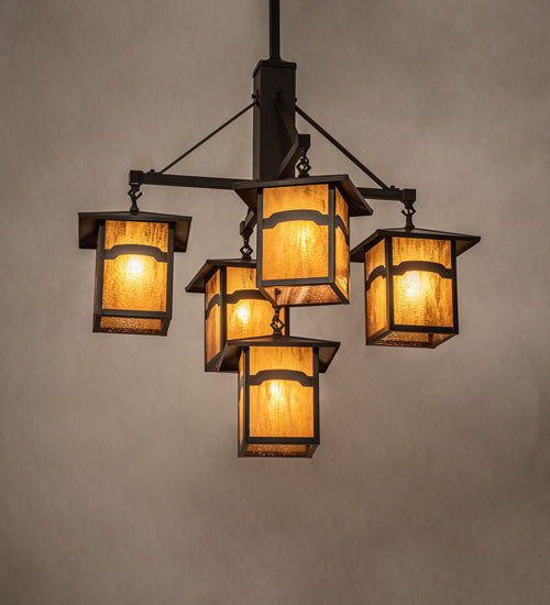 Meyda Lighting Seneca 32" 5-Light Craftsman Brown On Brass Mountain View Chandelier With Honey Art Shade Glass