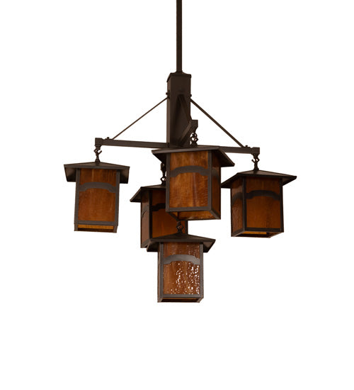 Meyda Lighting Seneca 32" 5-Light Craftsman Brown On Brass Mountain View Chandelier With Honey Art Shade Glass