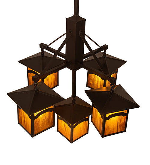 Meyda Lighting Seneca 32" 5-Light Craftsman Brown On Brass Mountain View Chandelier With Honey Art Shade Glass