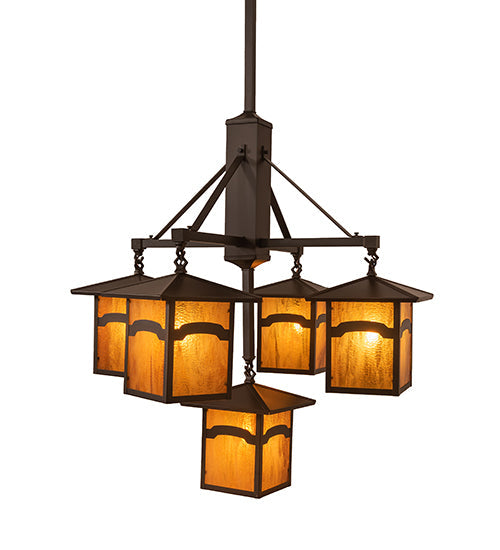 Meyda Lighting Seneca 32" 5-Light Craftsman Brown On Brass Mountain View Chandelier With Honey Art Shade Glass