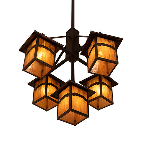Meyda Lighting Seneca 32" 5-Light Craftsman Brown On Brass Mountain View Chandelier With Honey Art Shade Glass