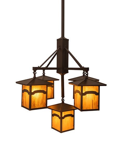 Meyda Lighting Seneca 32" 5-Light Craftsman Brown On Brass Mountain View Chandelier With Honey Art Shade Glass
