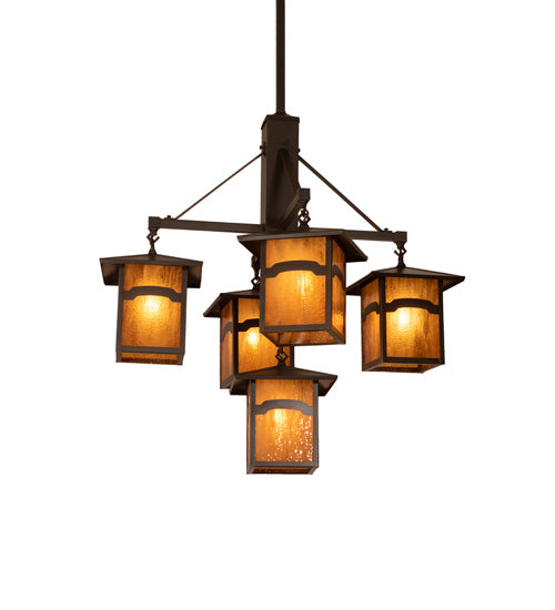 Meyda Lighting Seneca 32" 5-Light Craftsman Brown On Brass Mountain View Chandelier With Honey Art Shade Glass