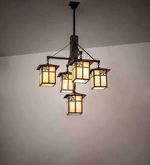 Meyda Lighting Seneca 32" 5-Light Craftsman Brown Sprig Chandelier With Beige Iridescent Shade Glass